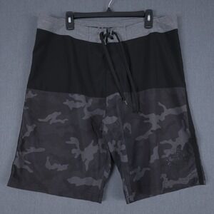 Affliction Board Shorts Mens‎ 36 (Fits 37x11.5) Black Camo Unlined Swim Trunks